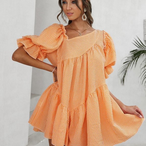 Multicolor Boho Womens Gingham Puff Sleeve Smock Dress - Picture 6 of 7